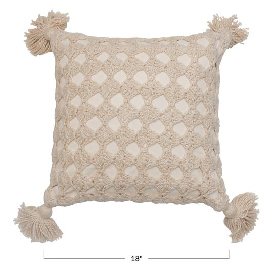 Bloomingville Decorative Cotton Crocheted Square Throw Tassels Pillow Natural 